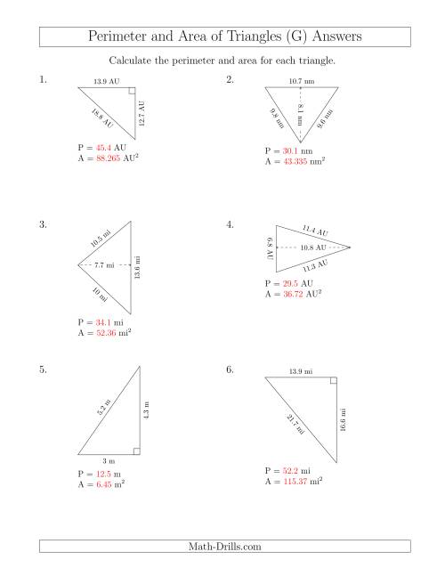 The Calculating the Perimeter and Area of Acute and Right Triangles (Rotated Triangles) (G) Math Worksheet Page 2