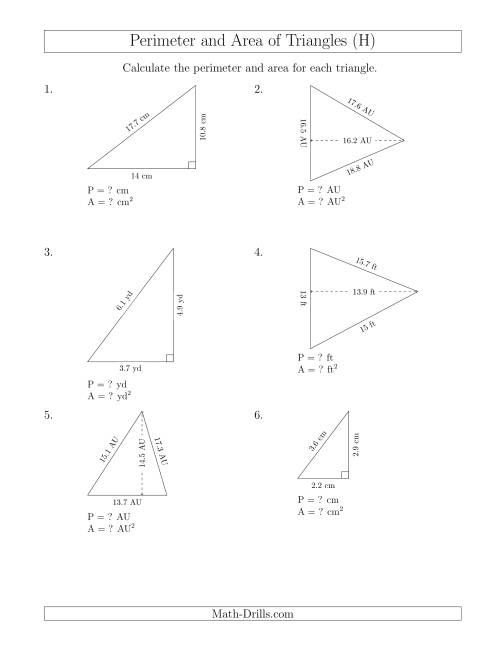 The Calculating the Perimeter and Area of Acute and Right Triangles (Rotated Triangles) (H) Math Worksheet