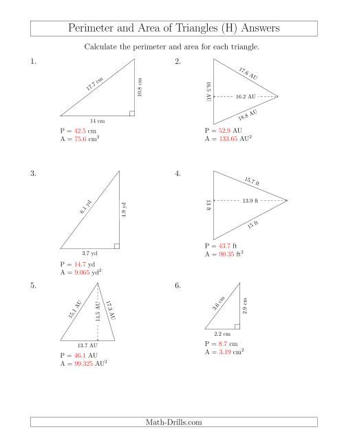 The Calculating the Perimeter and Area of Acute and Right Triangles (Rotated Triangles) (H) Math Worksheet Page 2