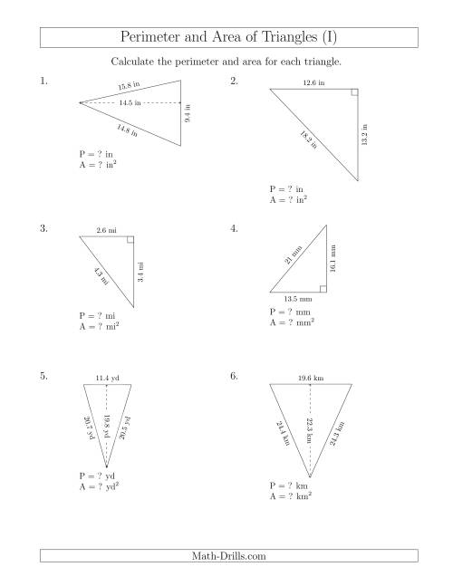 The Calculating the Perimeter and Area of Acute and Right Triangles (Rotated Triangles) (I) Math Worksheet