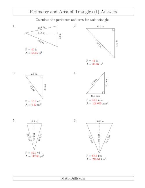 The Calculating the Perimeter and Area of Acute and Right Triangles (Rotated Triangles) (I) Math Worksheet Page 2