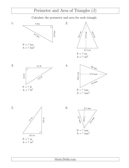 The Calculating the Perimeter and Area of Acute and Right Triangles (Rotated Triangles) (J) Math Worksheet