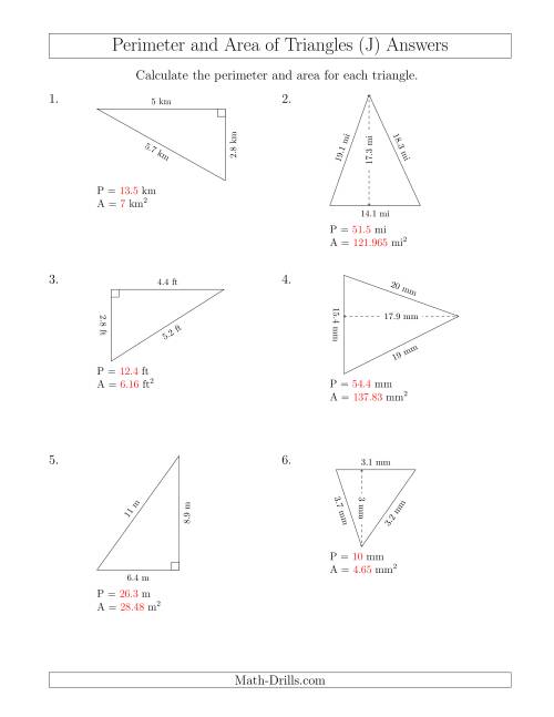 The Calculating the Perimeter and Area of Acute and Right Triangles (Rotated Triangles) (J) Math Worksheet Page 2