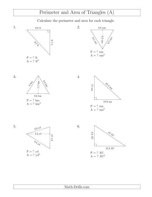 The Calculating the Perimeter and Area of Acute and Right Triangles (Rotated Triangles) (All) Math Worksheet
