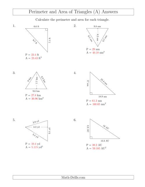 The Calculating the Perimeter and Area of Acute and Right Triangles (Rotated Triangles) (All) Math Worksheet Page 2