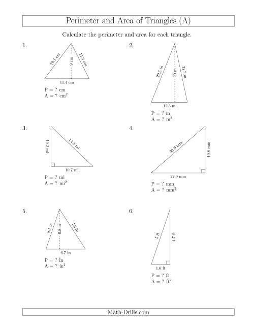 The Calculating the Perimeter and Area of Acute and Right Triangles (A) Math Worksheet