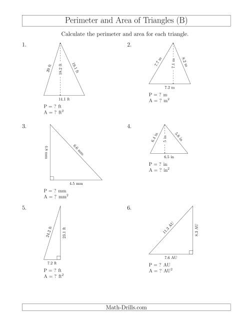 The Calculating the Perimeter and Area of Acute and Right Triangles (B) Math Worksheet