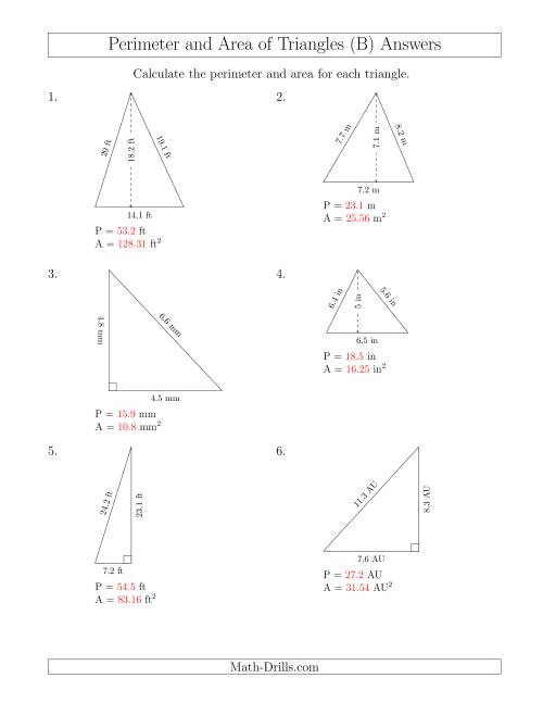 The Calculating the Perimeter and Area of Acute and Right Triangles (B) Math Worksheet Page 2