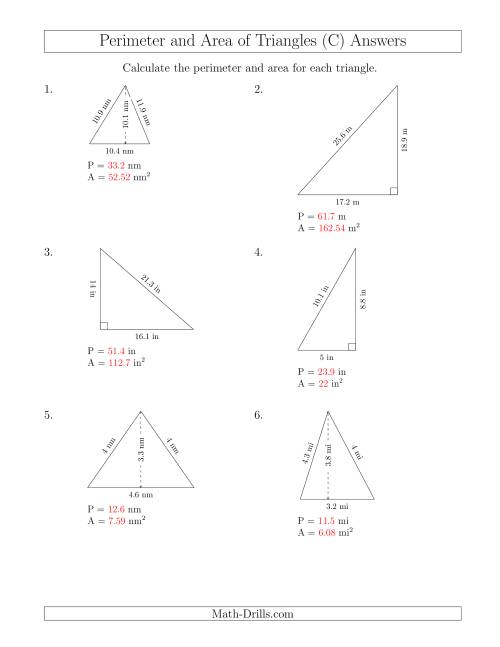The Calculating the Perimeter and Area of Acute and Right Triangles (C) Math Worksheet Page 2