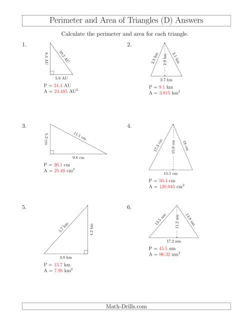 The Calculating the Perimeter and Area of Acute and Right Triangles (D) Math Worksheet Page 2