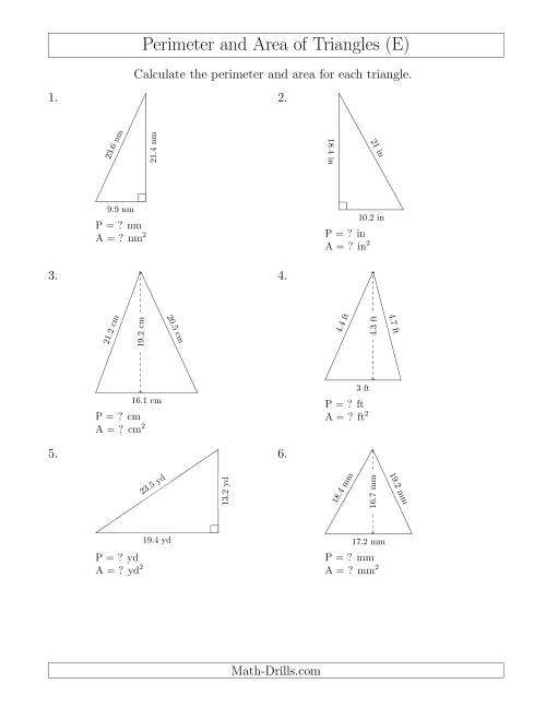The Calculating the Perimeter and Area of Acute and Right Triangles (E) Math Worksheet
