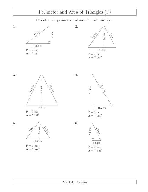 The Calculating the Perimeter and Area of Acute and Right Triangles (F) Math Worksheet