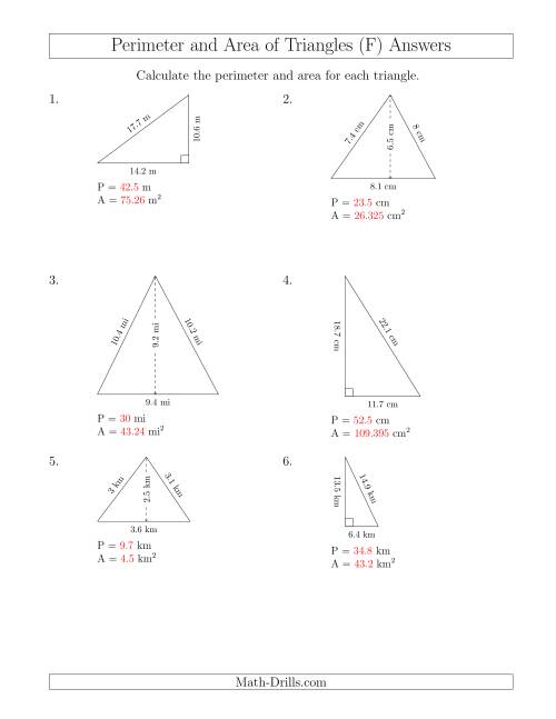 The Calculating the Perimeter and Area of Acute and Right Triangles (F) Math Worksheet Page 2