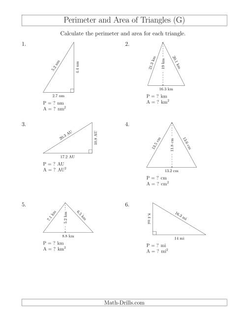 The Calculating the Perimeter and Area of Acute and Right Triangles (G) Math Worksheet