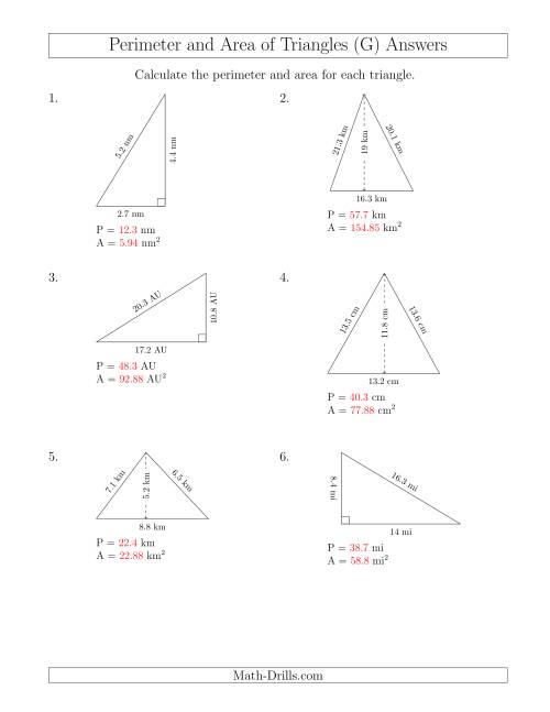 The Calculating the Perimeter and Area of Acute and Right Triangles (G) Math Worksheet Page 2