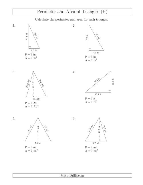 The Calculating the Perimeter and Area of Acute and Right Triangles (H) Math Worksheet