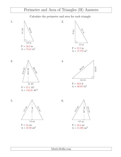 The Calculating the Perimeter and Area of Acute and Right Triangles (H) Math Worksheet Page 2