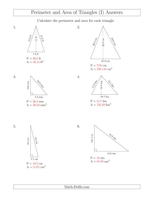 The Calculating the Perimeter and Area of Acute and Right Triangles (I) Math Worksheet Page 2