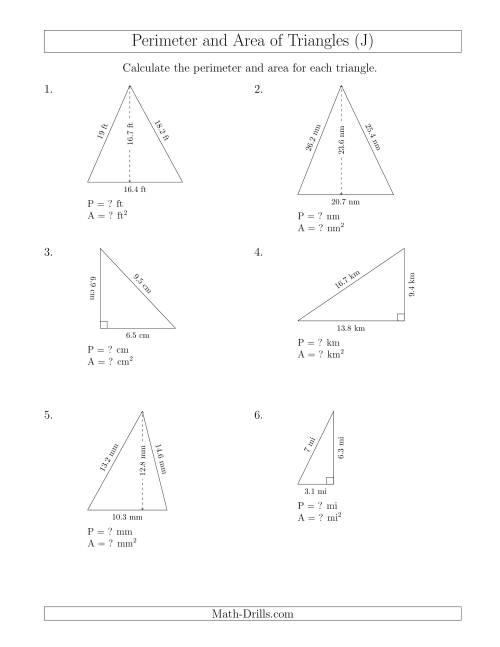 The Calculating the Perimeter and Area of Acute and Right Triangles (J) Math Worksheet