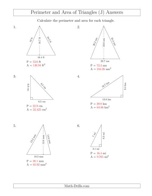 The Calculating the Perimeter and Area of Acute and Right Triangles (J) Math Worksheet Page 2