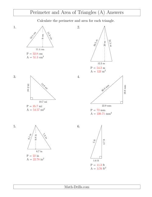 The Calculating the Perimeter and Area of Acute and Right Triangles (All) Math Worksheet Page 2