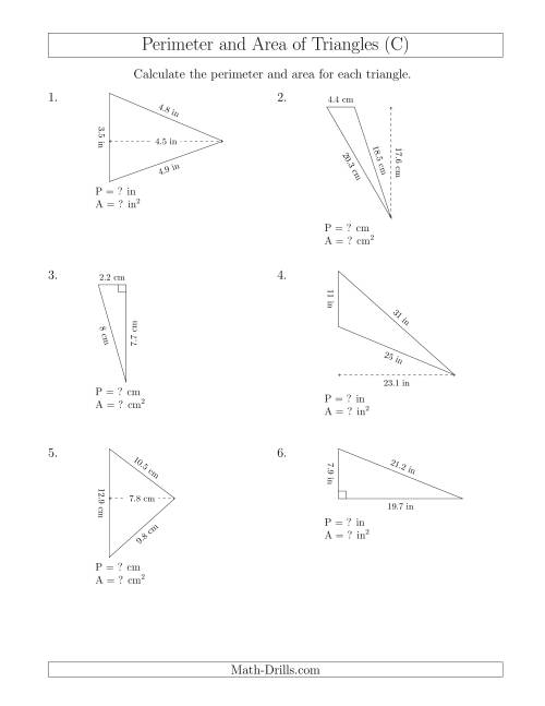 The Calculating the Perimeter and Area of Triangles (Rotated Triangles) (C) Math Worksheet