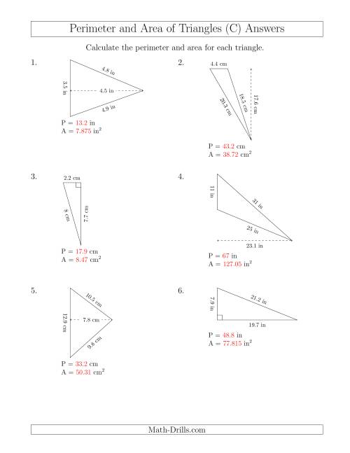 The Calculating the Perimeter and Area of Triangles (Rotated Triangles) (C) Math Worksheet Page 2