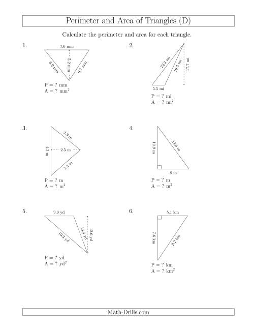 The Calculating the Perimeter and Area of Triangles (Rotated Triangles) (D) Math Worksheet