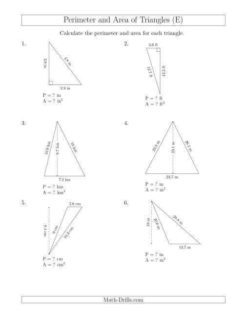 The Calculating the Perimeter and Area of Triangles (Rotated Triangles) (E) Math Worksheet