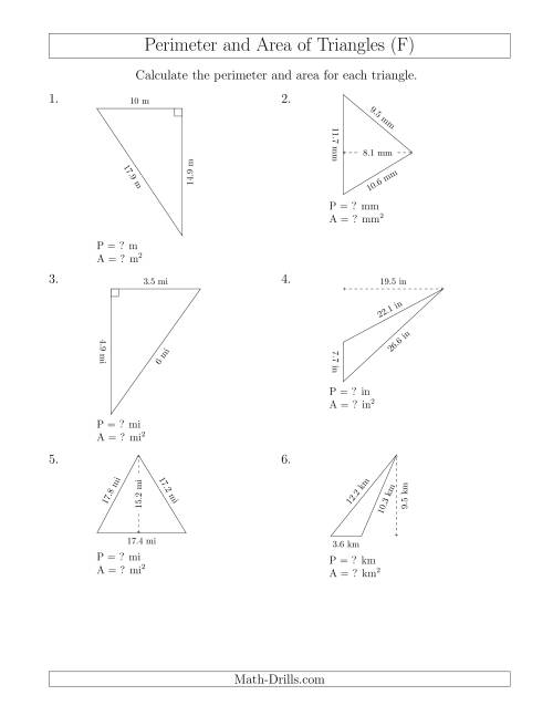 The Calculating the Perimeter and Area of Triangles (Rotated Triangles) (F) Math Worksheet