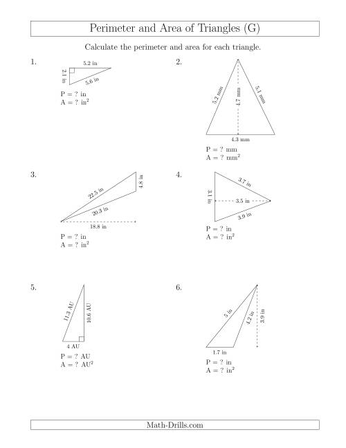 The Calculating the Perimeter and Area of Triangles (Rotated Triangles) (G) Math Worksheet