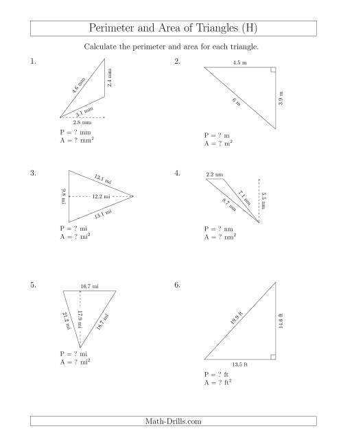 The Calculating the Perimeter and Area of Triangles (Rotated Triangles) (H) Math Worksheet