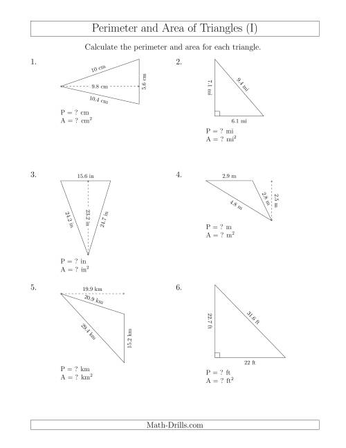 The Calculating the Perimeter and Area of Triangles (Rotated Triangles) (I) Math Worksheet