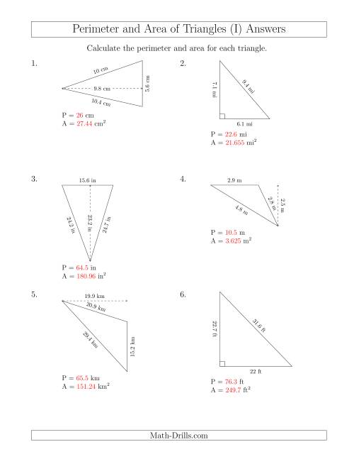 The Calculating the Perimeter and Area of Triangles (Rotated Triangles) (I) Math Worksheet Page 2