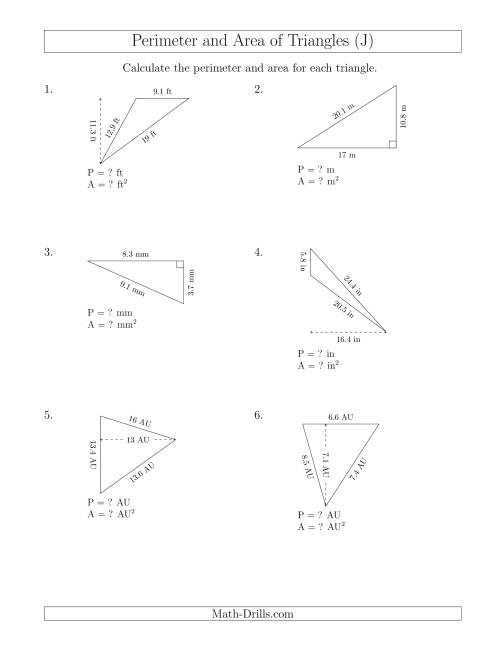 The Calculating the Perimeter and Area of Triangles (Rotated Triangles) (J) Math Worksheet