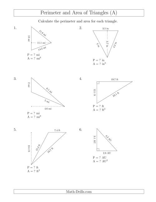 The Calculating the Perimeter and Area of Triangles (Rotated Triangles) (All) Math Worksheet