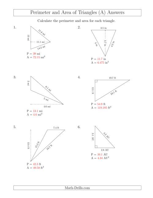The Calculating the Perimeter and Area of Triangles (Rotated Triangles) (All) Math Worksheet Page 2