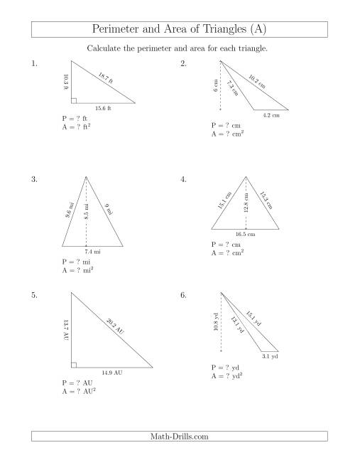 The Calculating the Perimeter and Area of Triangles (A) Math Worksheet