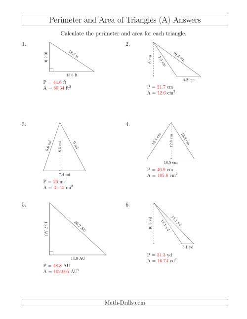 The Calculating the Perimeter and Area of Triangles (A) Math Worksheet Page 2