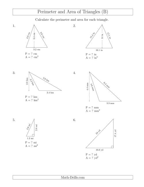 The Calculating the Perimeter and Area of Triangles (B) Math Worksheet