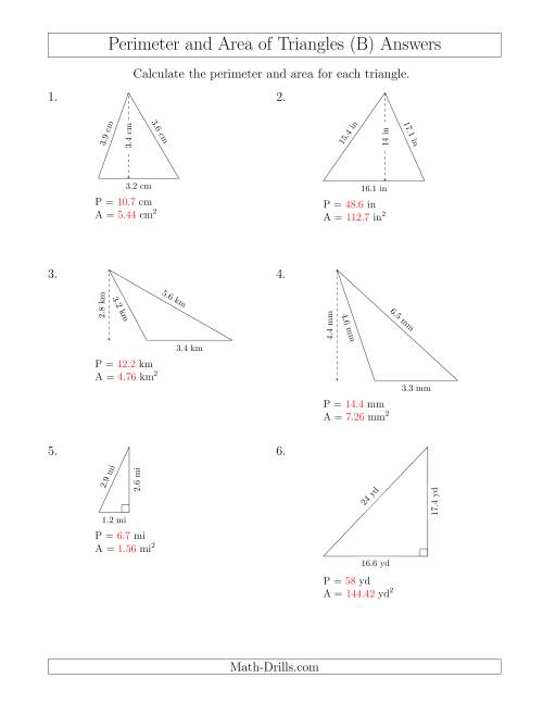 The Calculating the Perimeter and Area of Triangles (B) Math Worksheet Page 2