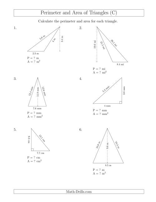 The Calculating the Perimeter and Area of Triangles (C) Math Worksheet
