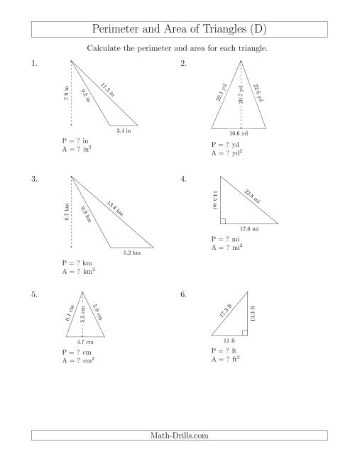 The Calculating the Perimeter and Area of Triangles (D) Math Worksheet