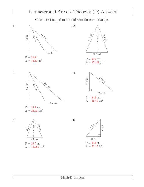 The Calculating the Perimeter and Area of Triangles (D) Math Worksheet Page 2