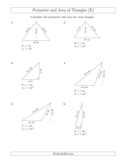 The Calculating the Perimeter and Area of Triangles (E) Math Worksheet