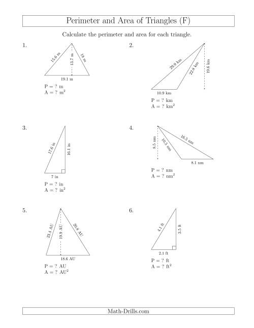 The Calculating the Perimeter and Area of Triangles (F) Math Worksheet
