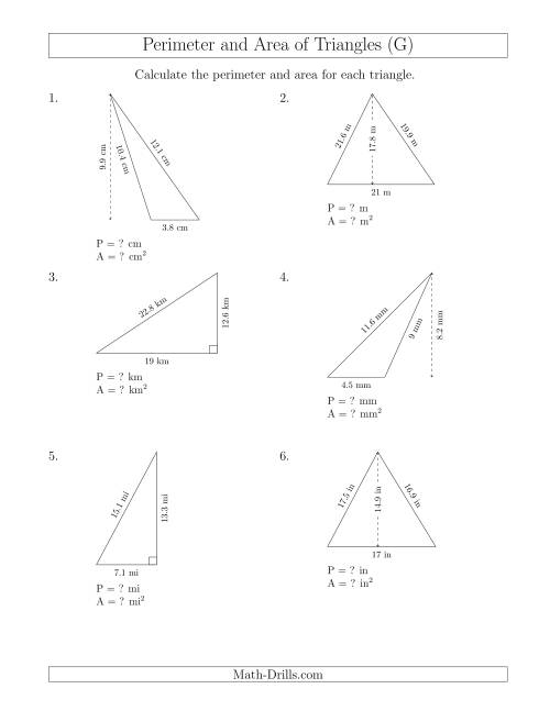 The Calculating the Perimeter and Area of Triangles (G) Math Worksheet