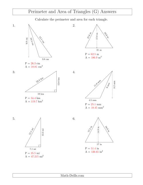 The Calculating the Perimeter and Area of Triangles (G) Math Worksheet Page 2