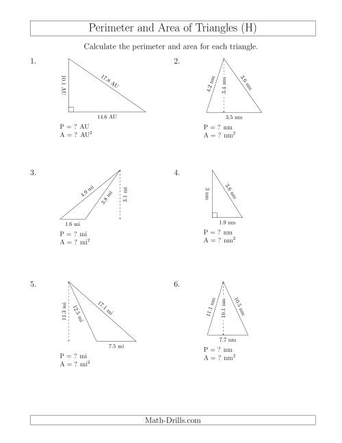 The Calculating the Perimeter and Area of Triangles (H) Math Worksheet