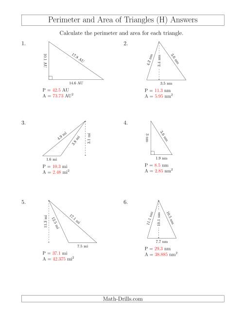 The Calculating the Perimeter and Area of Triangles (H) Math Worksheet Page 2